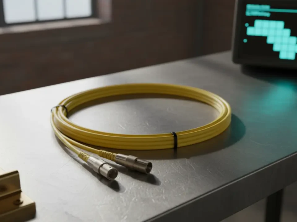 Fibre optic OS2 cabling with LC connectors on a UK warehouse workbench for Manchester installations.