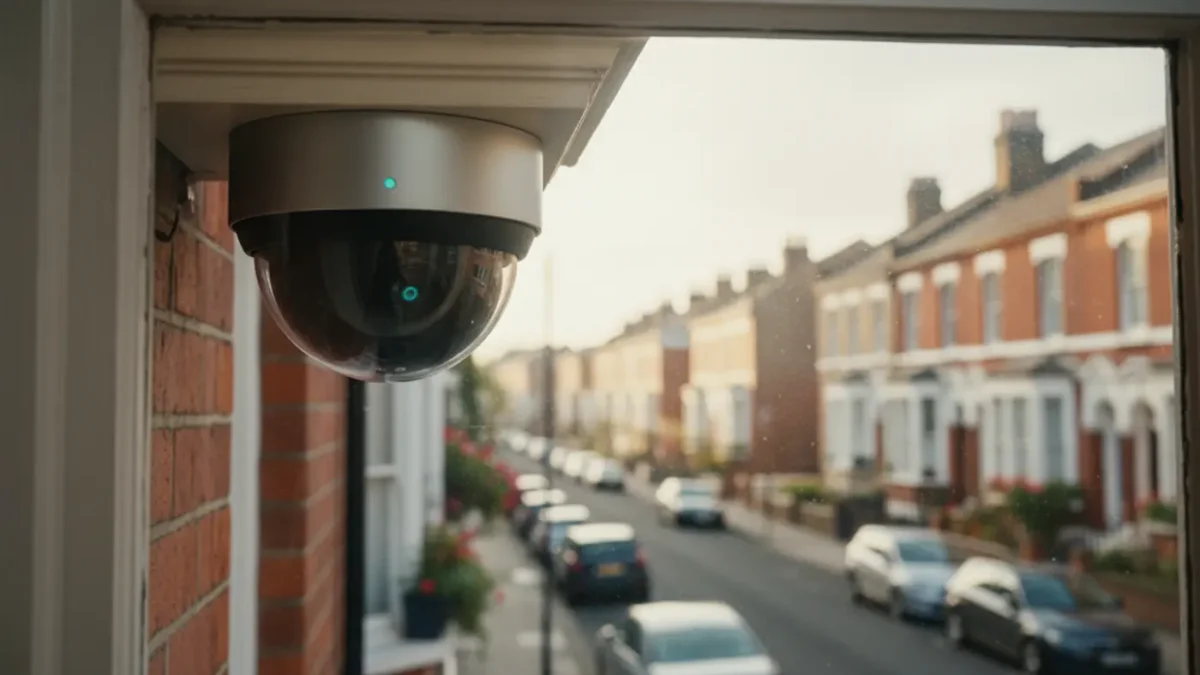CCTV dome camera on a Victorian terrace under soft UK morning light.