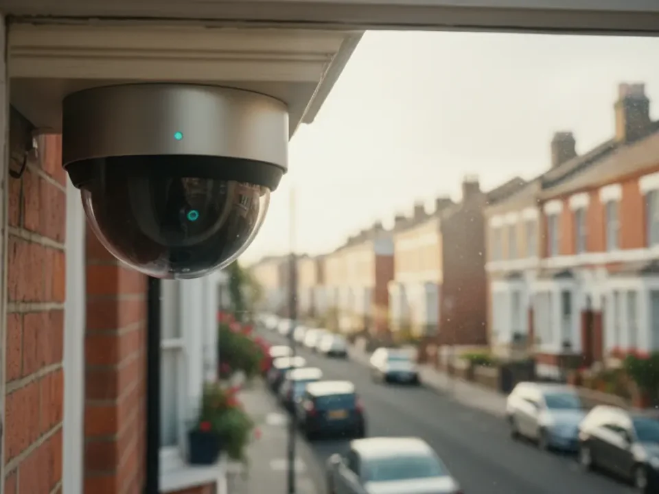 CCTV dome camera on a Victorian terrace under soft UK morning light.