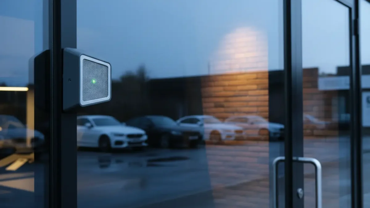 Unbranded alarm bell box seen through showroom glass at dusk in a North West prestige car centre.