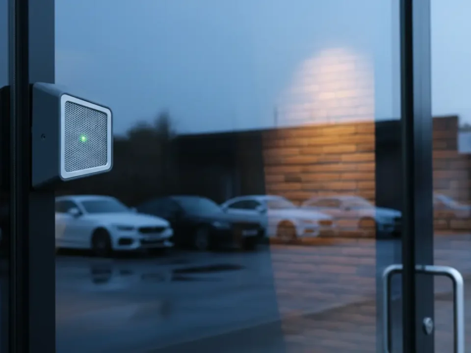 Unbranded alarm bell box seen through showroom glass at dusk in a North West prestige car centre.
