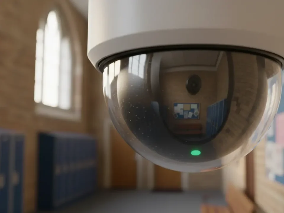 Close-up CCTV dome camera with school corridor reflection in a North West secondary school.