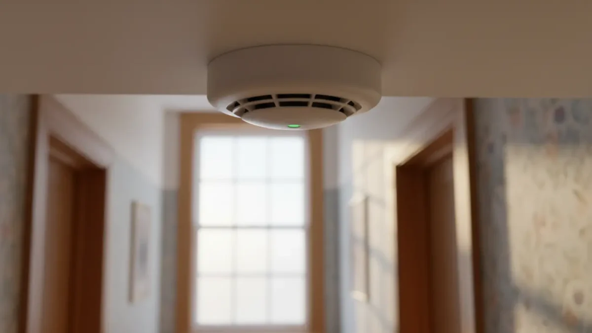 Smoke detector in a Victorian North West care home corridor, lit by soft morning light.