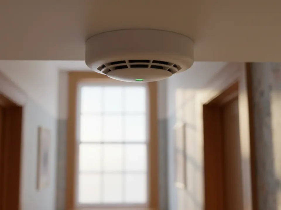 Smoke detector in a Victorian North West care home corridor, lit by soft morning light.