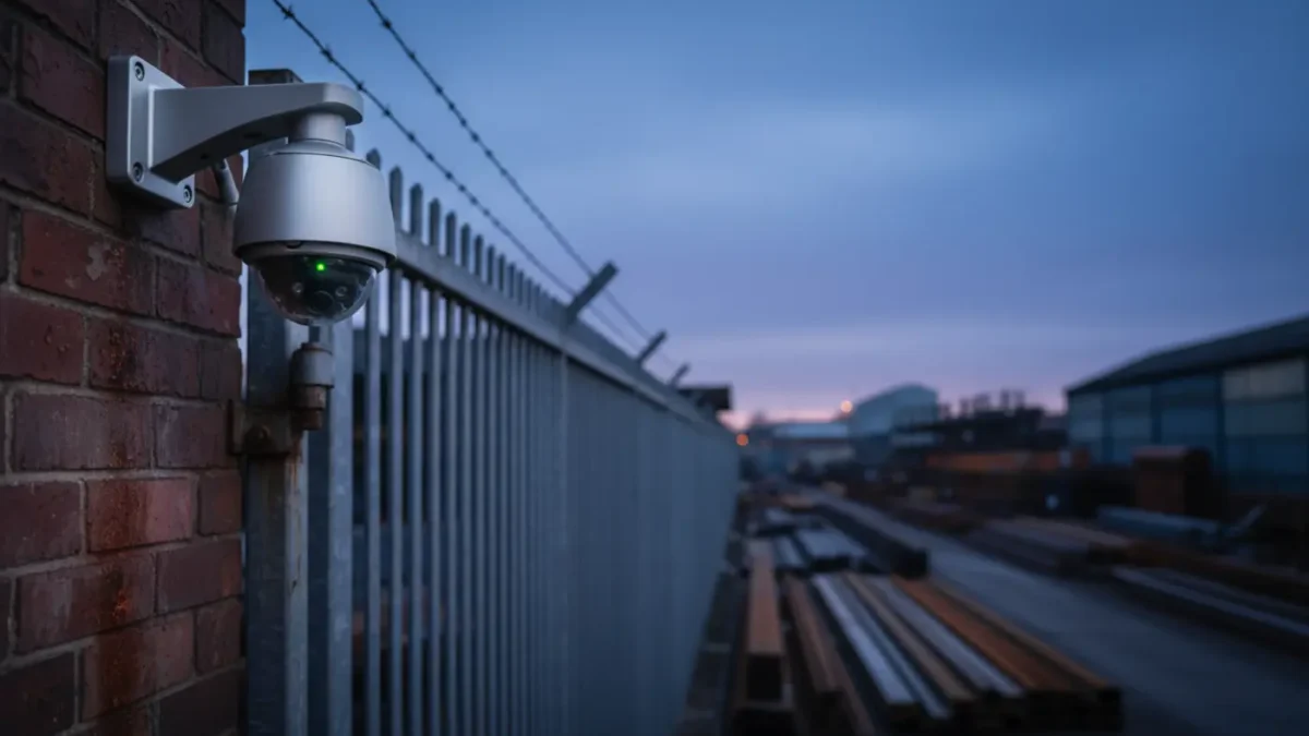 Bullet CCTV camera on Manchester warehouse wall overlooking a steel yard perimeter at blue hour.