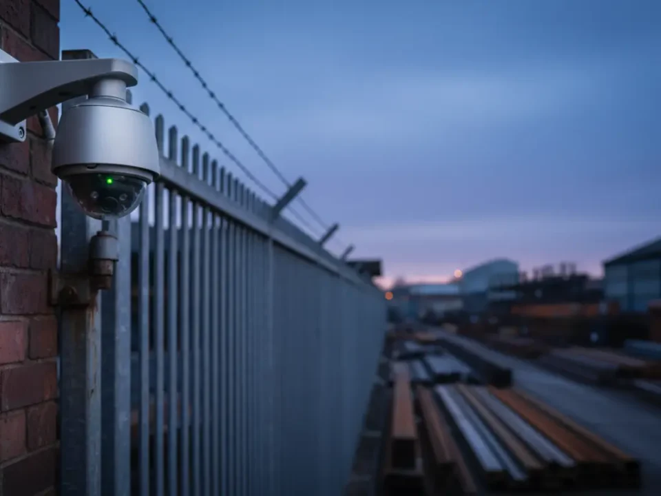 Bullet CCTV camera on Manchester warehouse wall overlooking a steel yard perimeter at blue hour.
