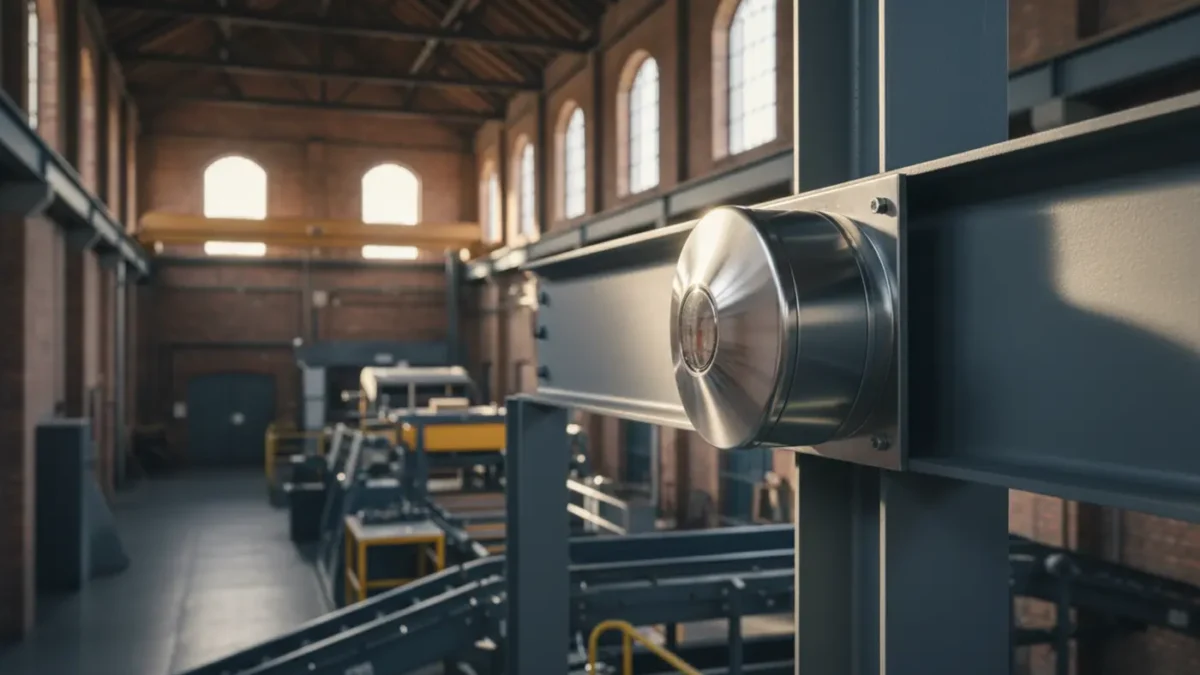 Heat detector on a steel beam in a Manchester manufacturing plant with soft industrial light.