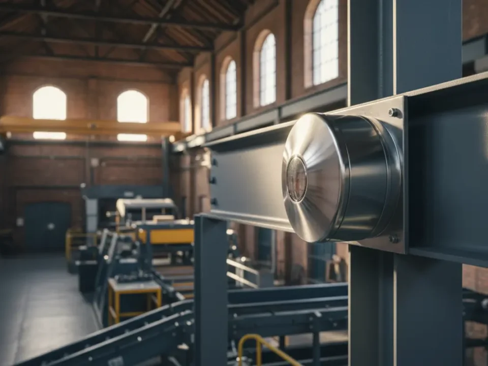 Heat detector on a steel beam in a Manchester manufacturing plant with soft industrial light.