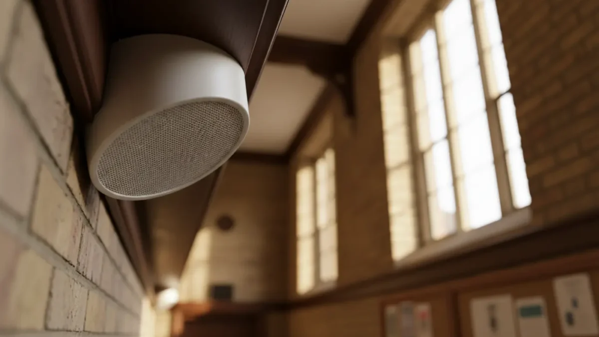 Close view of PA ceiling speaker in a Manchester school corridor under BB93 acoustic guidance.
