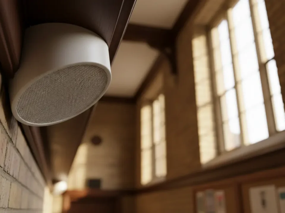 Close view of PA ceiling speaker in a Manchester school corridor under BB93 acoustic guidance.