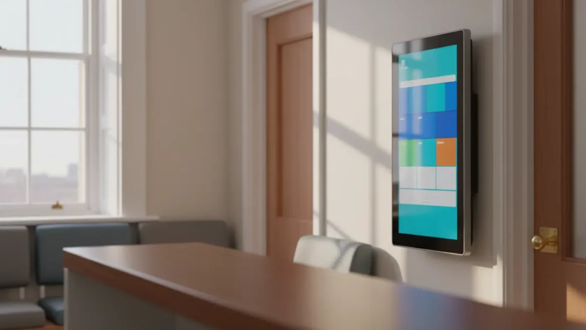 Commercial patient information screen in a Manchester GP waiting room with soft morning light.