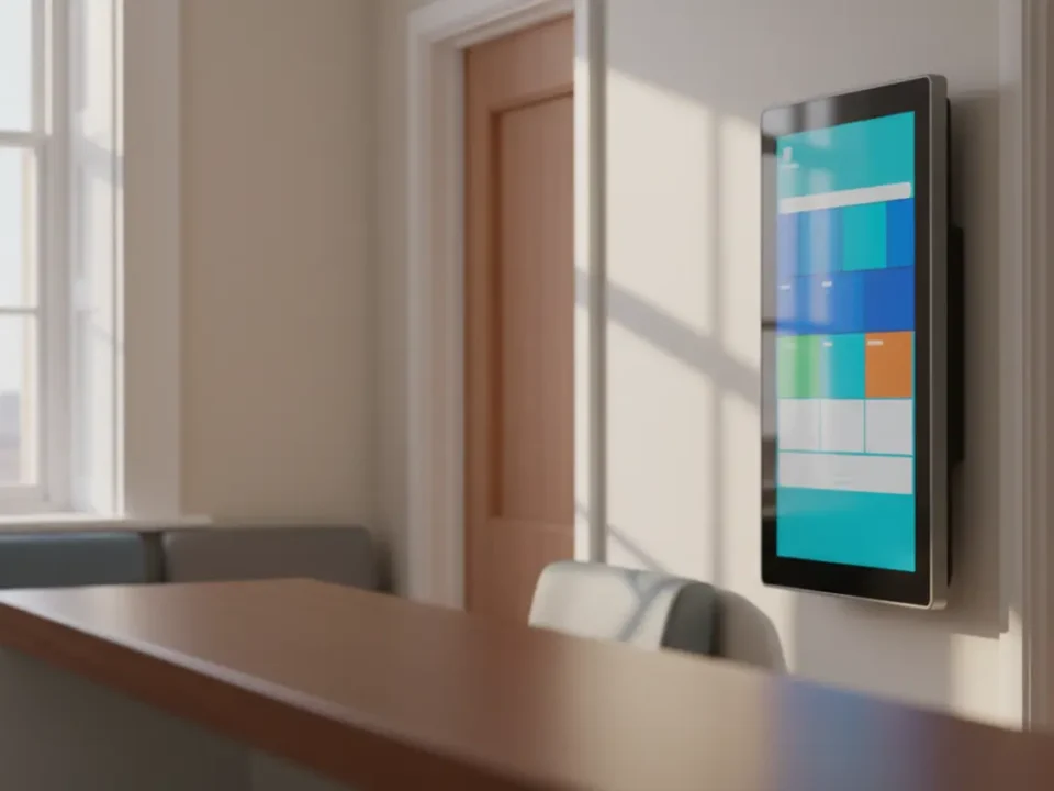 Commercial patient information screen in a Manchester GP waiting room with soft morning light.
