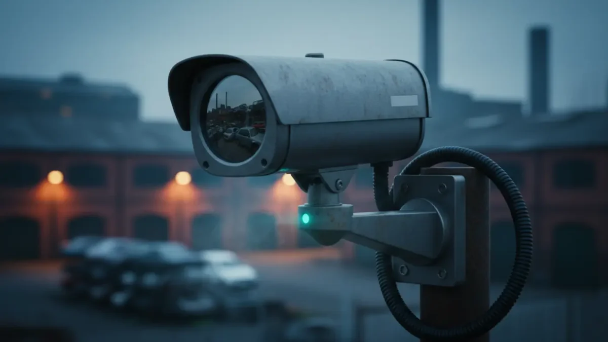 Close macro of a CCTV bullet camera at a Manchester salvage yard during blue hour.