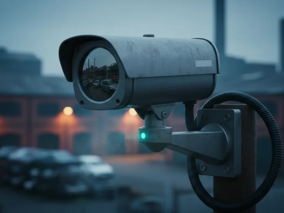 Close macro of a CCTV bullet camera at a Manchester salvage yard during blue hour.
