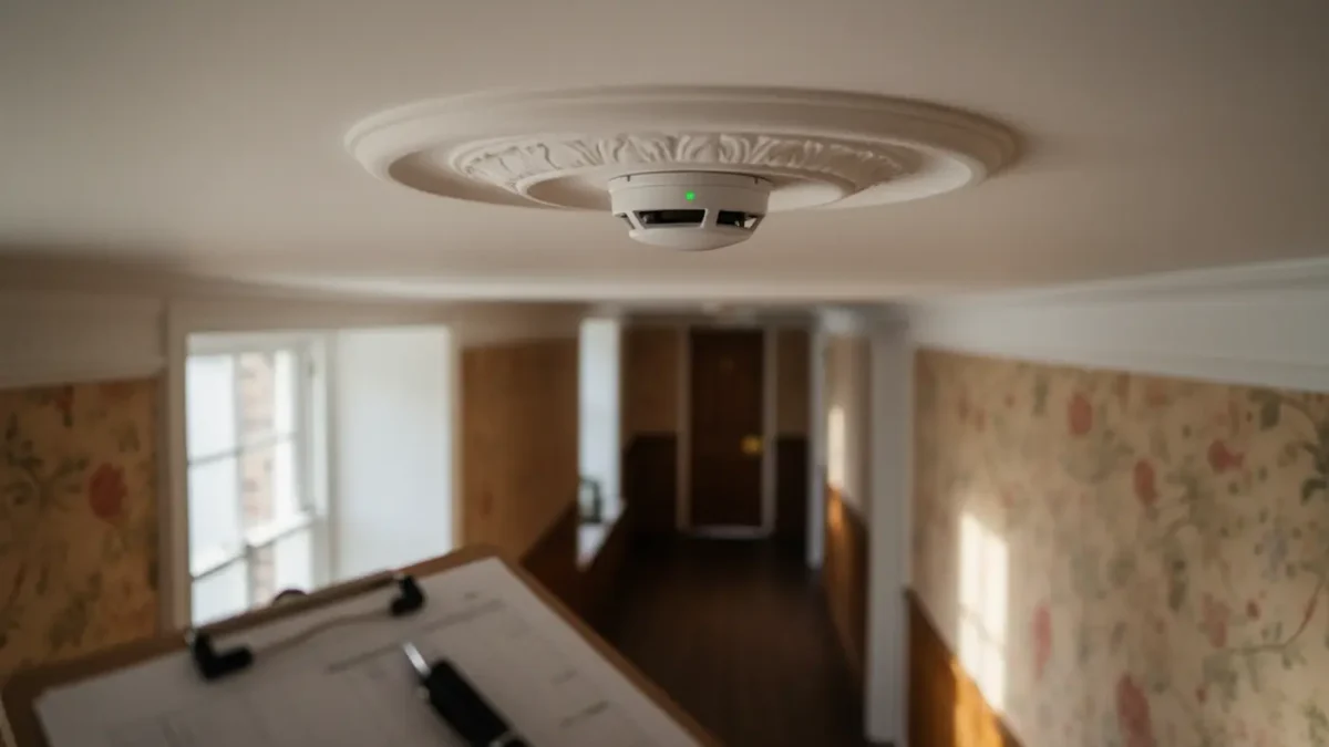 Fire alarm detector in a UK care home hallway lit by morning light, showing life-safety focus.