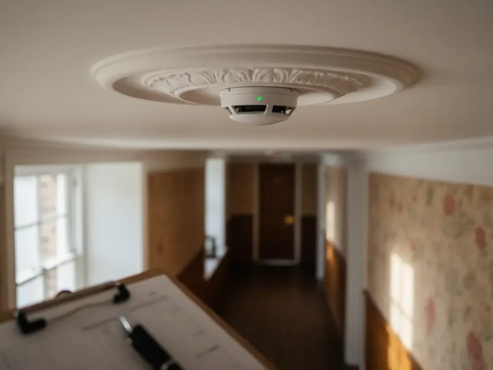 Fire alarm detector in a UK care home hallway lit by morning light, showing life-safety focus.