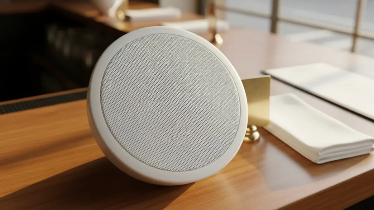 In‑ceiling restaurant speaker on a wooden bar counter in a Manchester bistro setting.