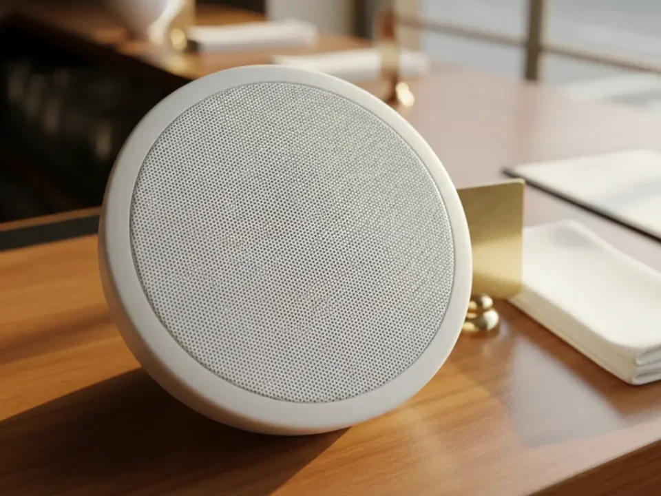 In‑ceiling restaurant speaker on a wooden bar counter in a Manchester bistro setting.