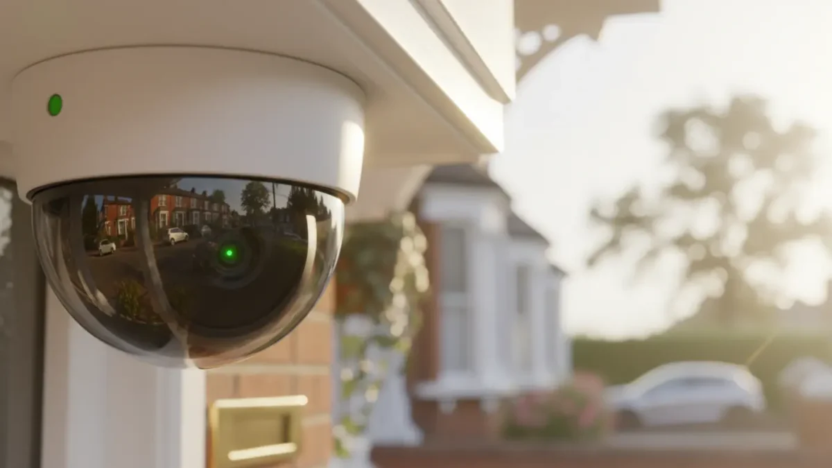 CCTV dome camera macro with UK terrace porch reflections conveying home security theme