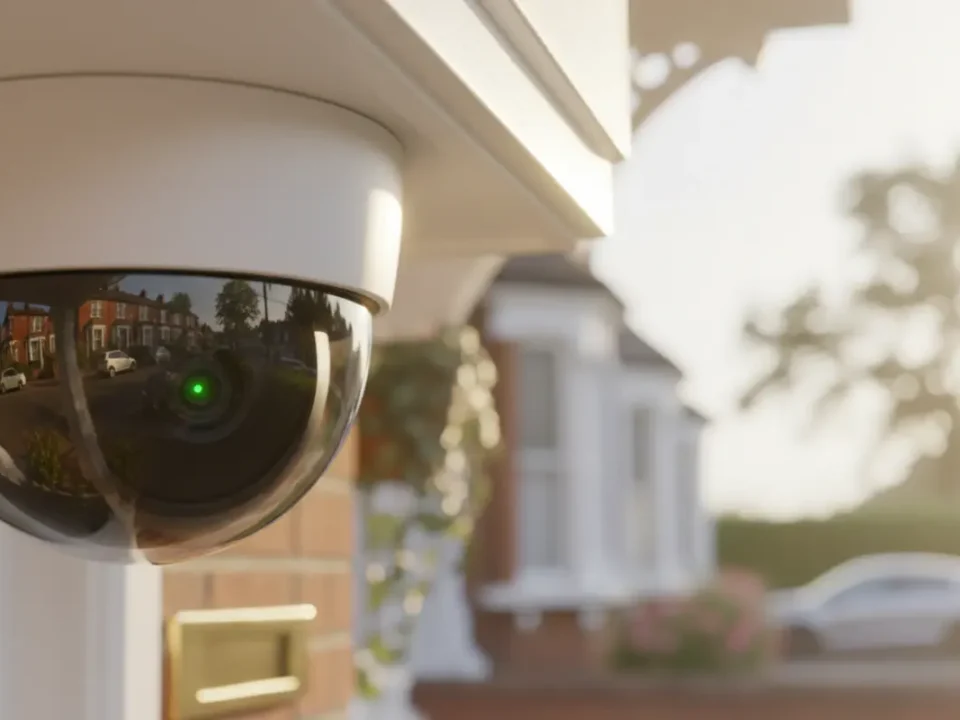 CCTV dome camera macro with UK terrace porch reflections conveying home security theme