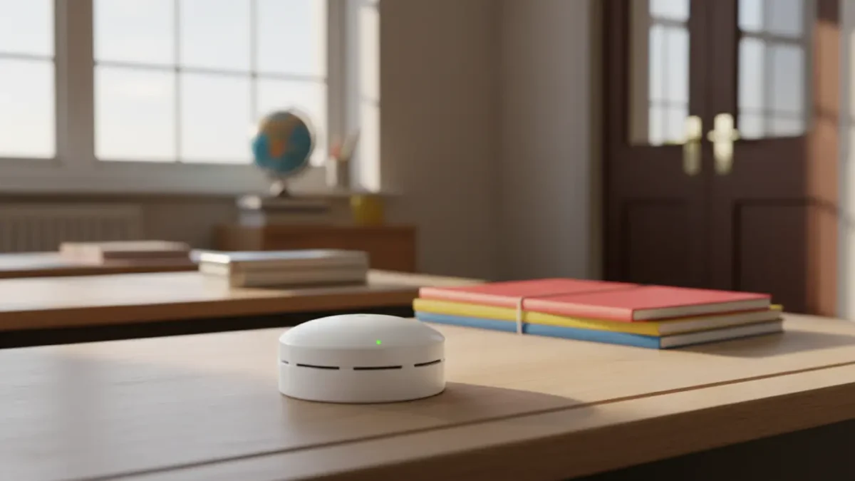 Optical smoke detector on a UK classroom desk in soft morning light for school fire alarm guidance.