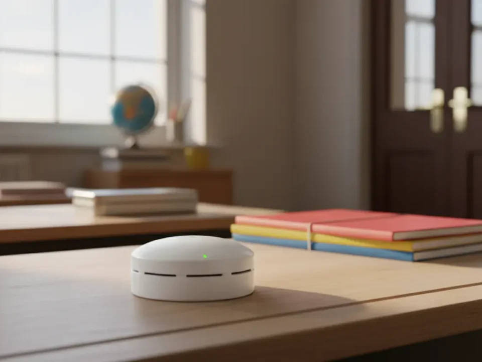 Optical smoke detector on a UK classroom desk in soft morning light for school fire alarm guidance.