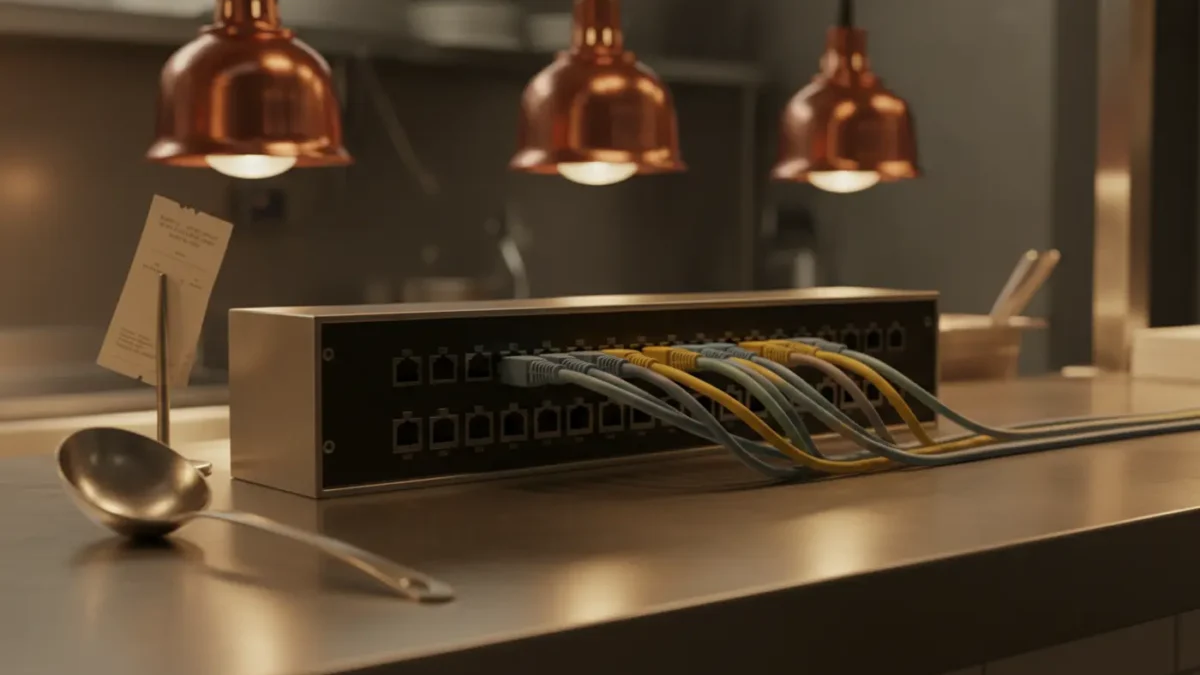Cat6 cabling feeding into an unbranded patch panel on a Manchester restaurant kitchen pass.