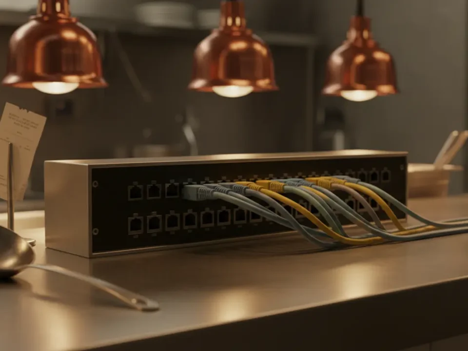 Cat6 cabling feeding into an unbranded patch panel on a Manchester restaurant kitchen pass.