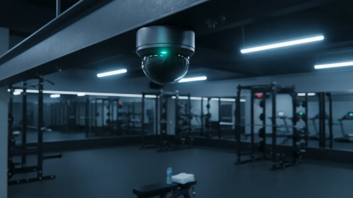 CCTV dome camera overlooking a Manchester gym floor at night, supporting 24-hour gym security monitoring.