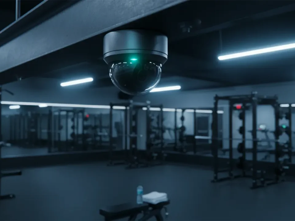 CCTV dome camera overlooking a Manchester gym floor at night, supporting 24-hour gym security monitoring.