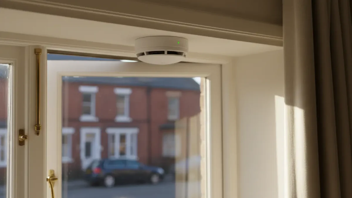 Extreme macro of a smoke detector in a UK hallway with soft morning light, themed around 24 7 fire alarm monitoring.
