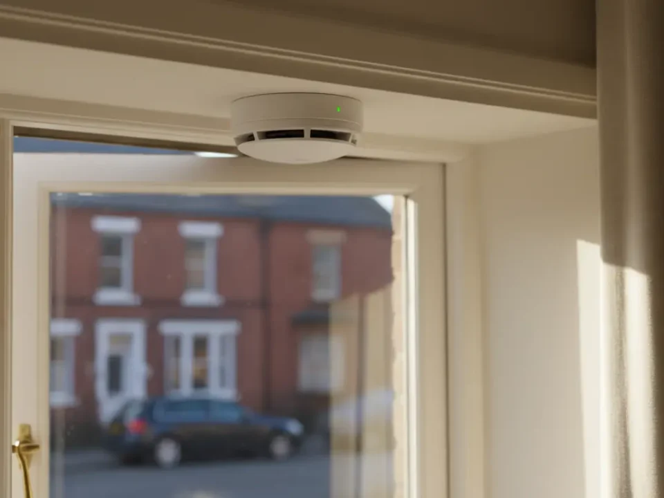 Extreme macro of a smoke detector in a UK hallway with soft morning light, themed around 24 7 fire alarm monitoring.