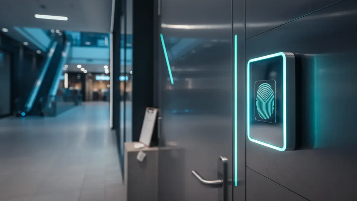 Biometric access control reader in Manchester shopping centre corridor, illustrating secure staff-only access control systems.