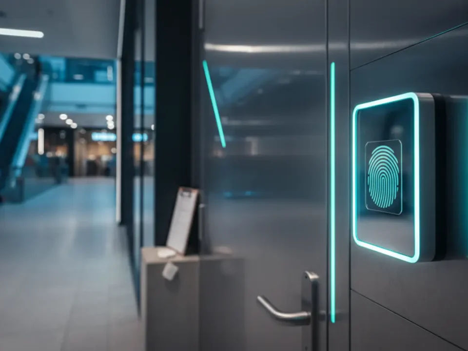 Biometric access control reader in Manchester shopping centre corridor, illustrating secure staff-only access control systems.