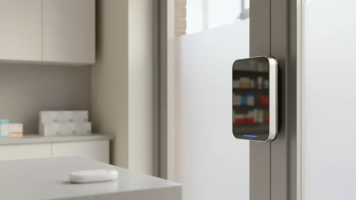 Access control reader by a Manchester pharmacy dispensary door in soft morning light.