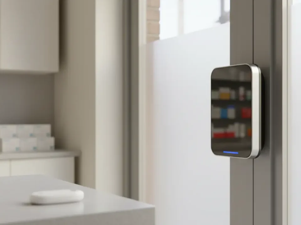 Access control reader by a Manchester pharmacy dispensary door in soft morning light.
