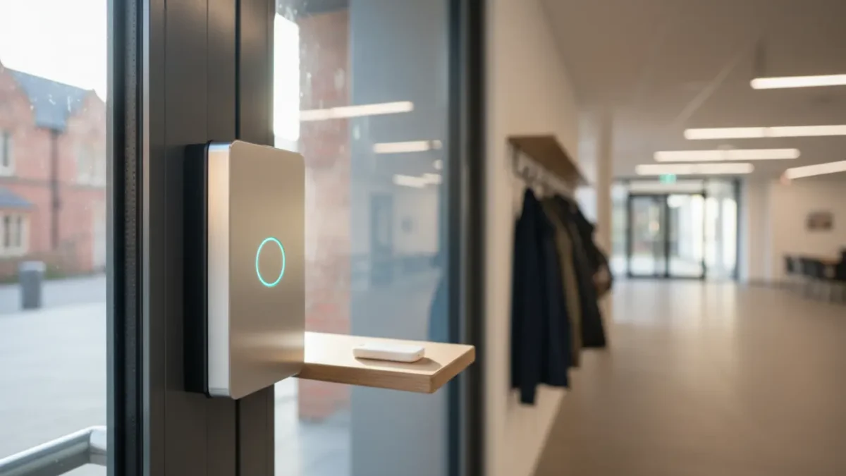Access control reader by a glass university entrance in Manchester with soft morning light.