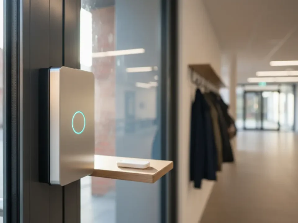 Access control reader by a glass university entrance in Manchester with soft morning light.