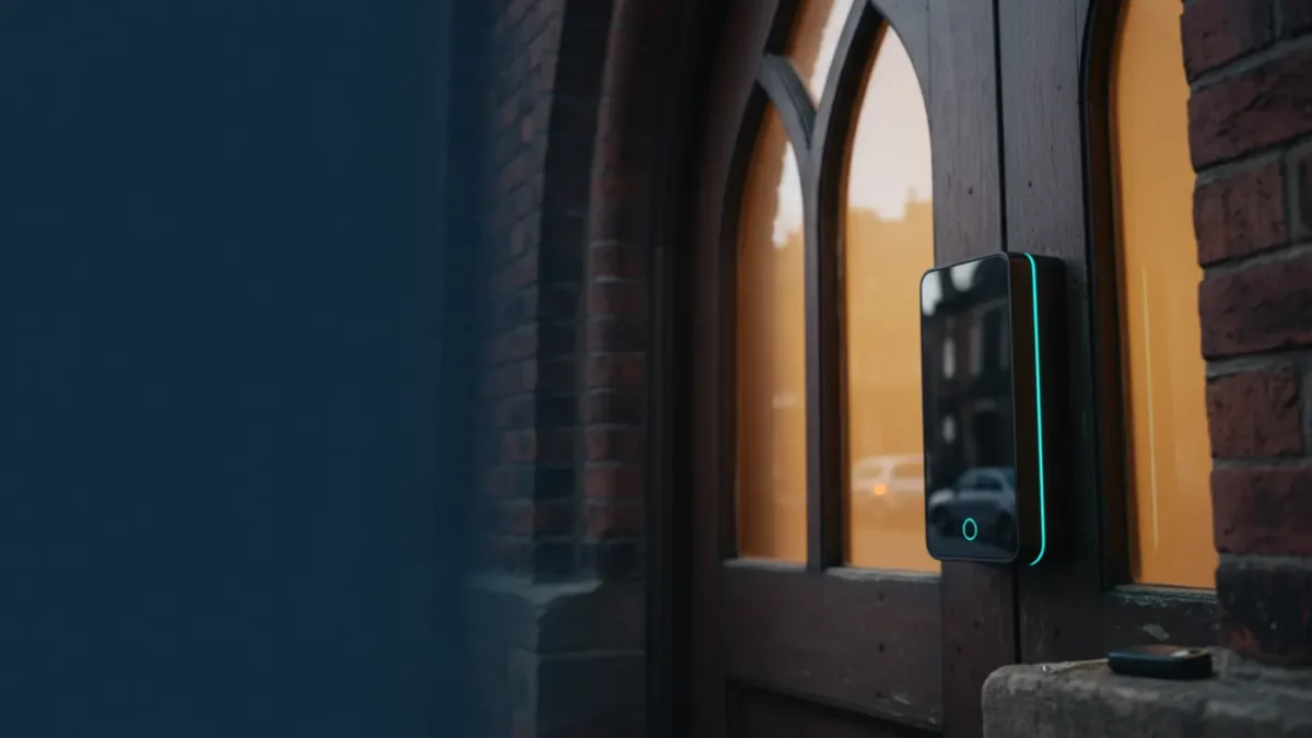 Access control reader at Manchester mosque entrance, blue-hour lighting, secure welcoming entry system.