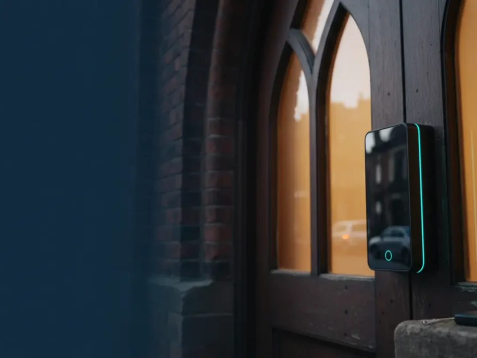 Access control reader at Manchester mosque entrance, blue-hour lighting, secure welcoming entry system.