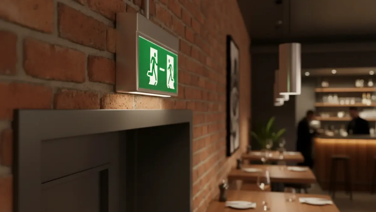 Maintained LED emergency exit sign glowing above a doorway in a Manchester restaurant.