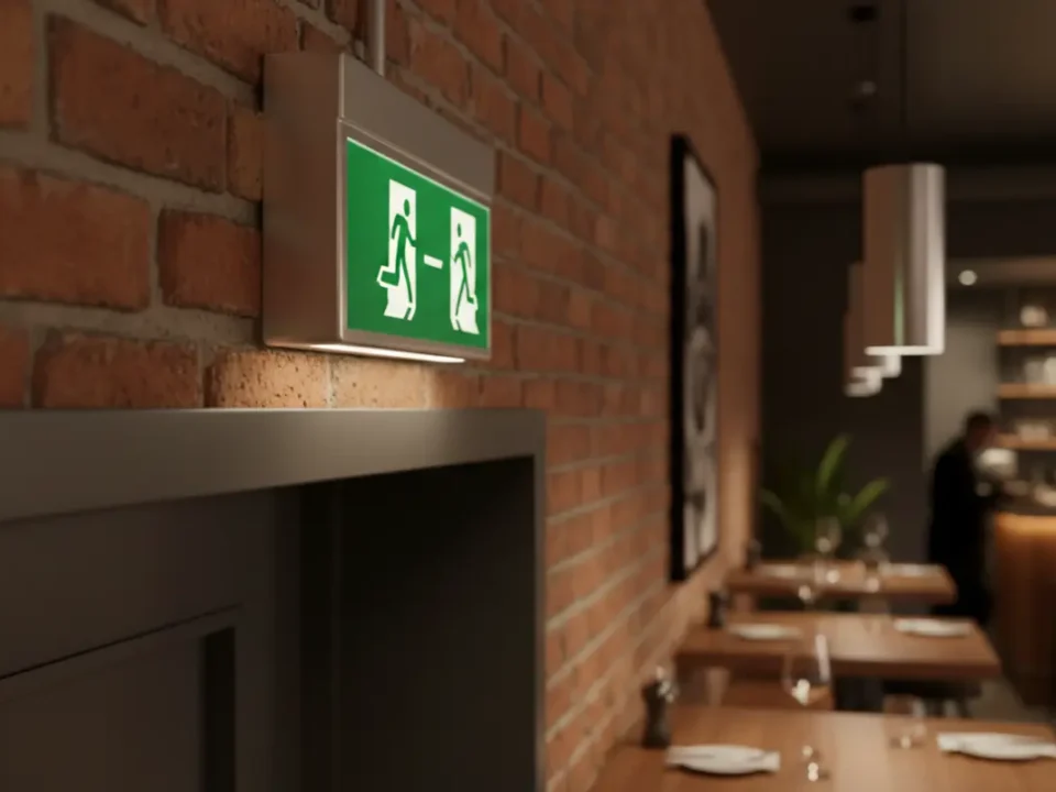 Maintained LED emergency exit sign glowing above a doorway in a Manchester restaurant.