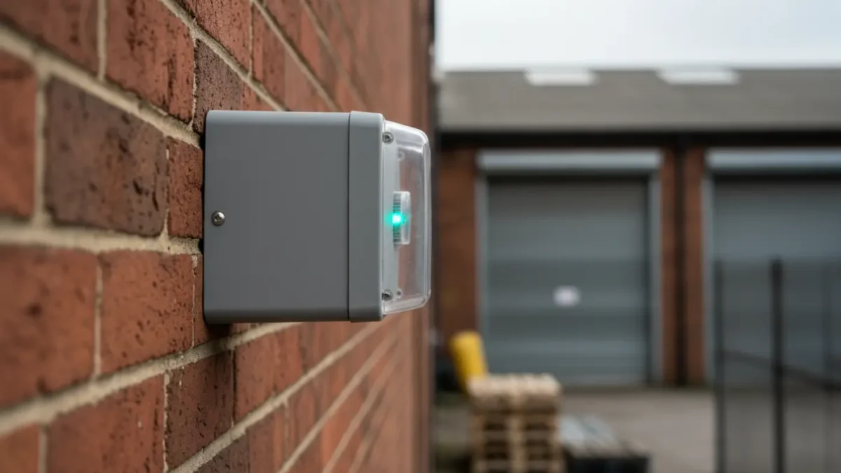 External intruder alarm siren on Manchester warehouse red brick in late-afternoon light.