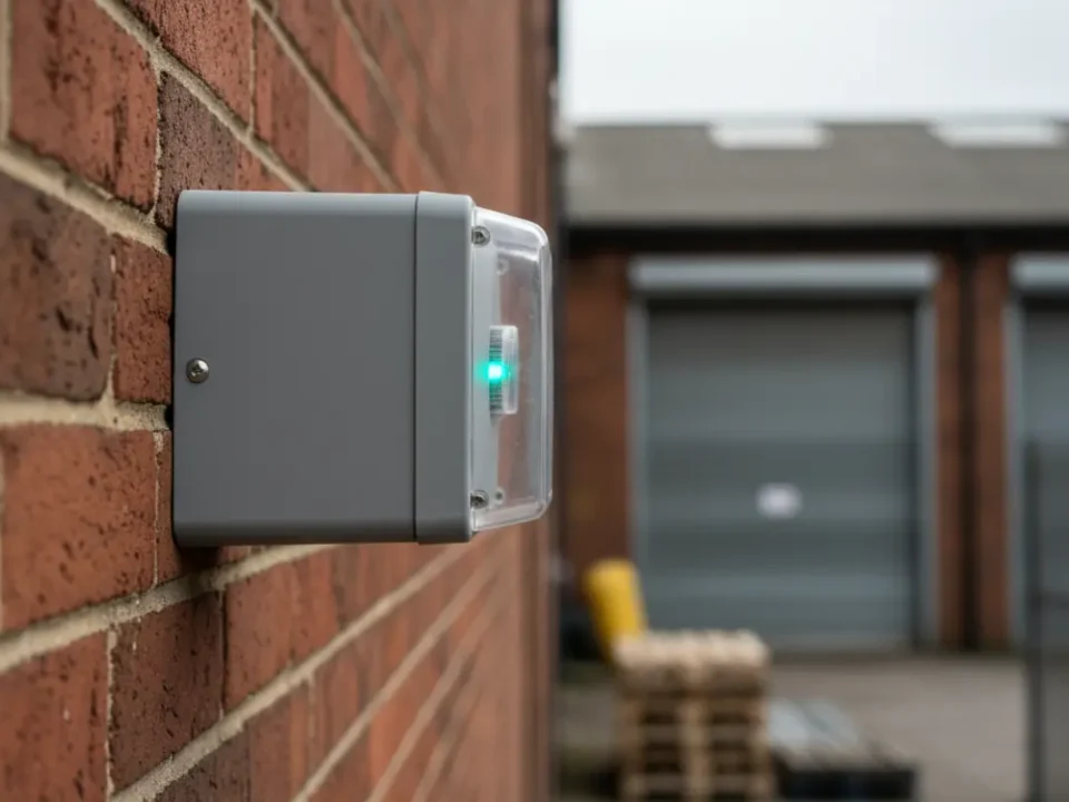 External intruder alarm siren on Manchester warehouse red brick in late-afternoon light.