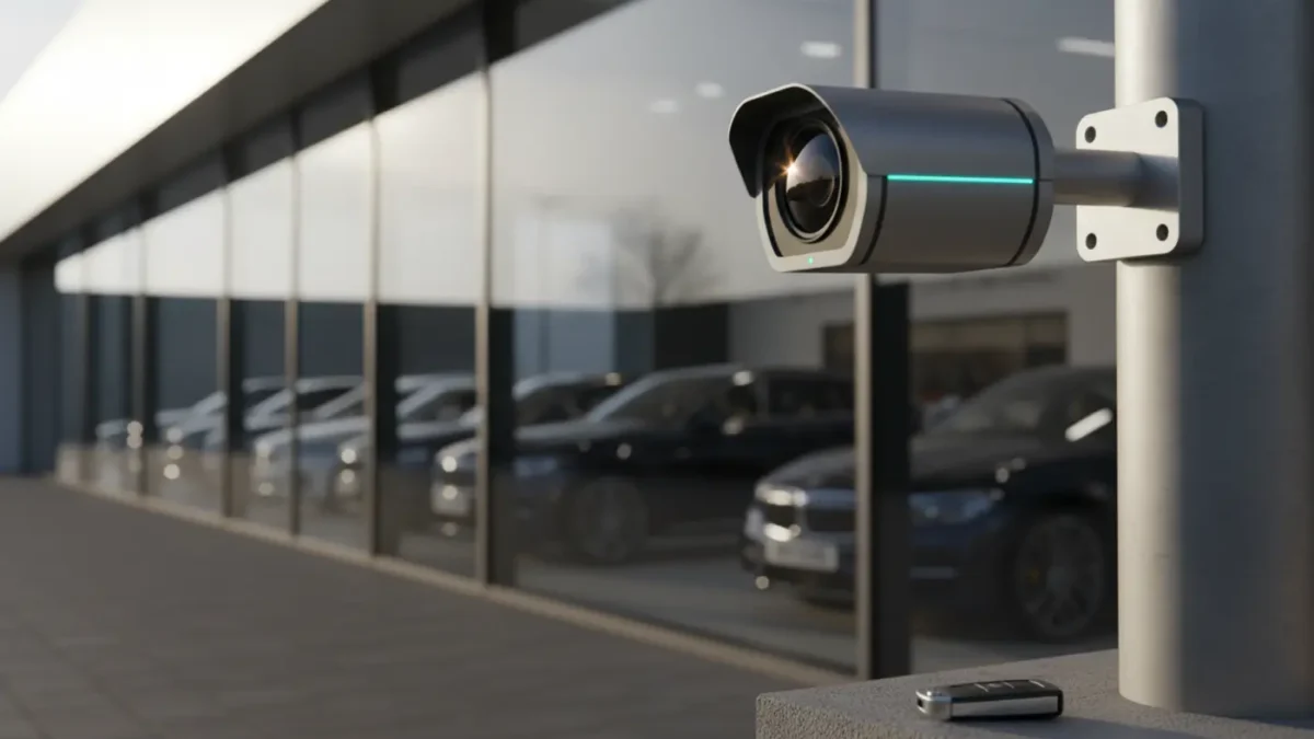 ANPR camera overlooking a Manchester car showroom forecourt in bright morning light.