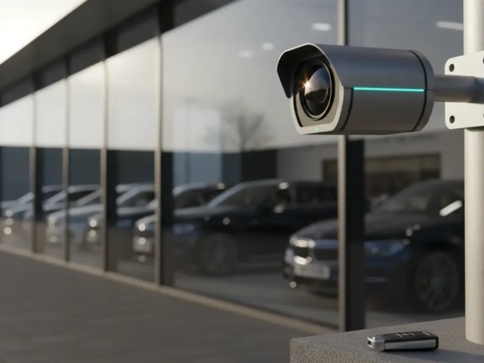ANPR camera overlooking a Manchester car showroom forecourt in bright morning light.