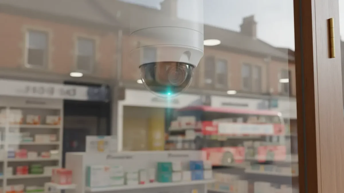 4K IP dome CCTV camera viewed through pharmacy window in Greater Manchester.