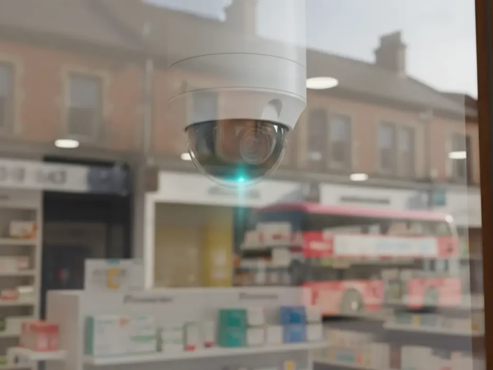 4K IP dome CCTV camera viewed through pharmacy window in Greater Manchester.