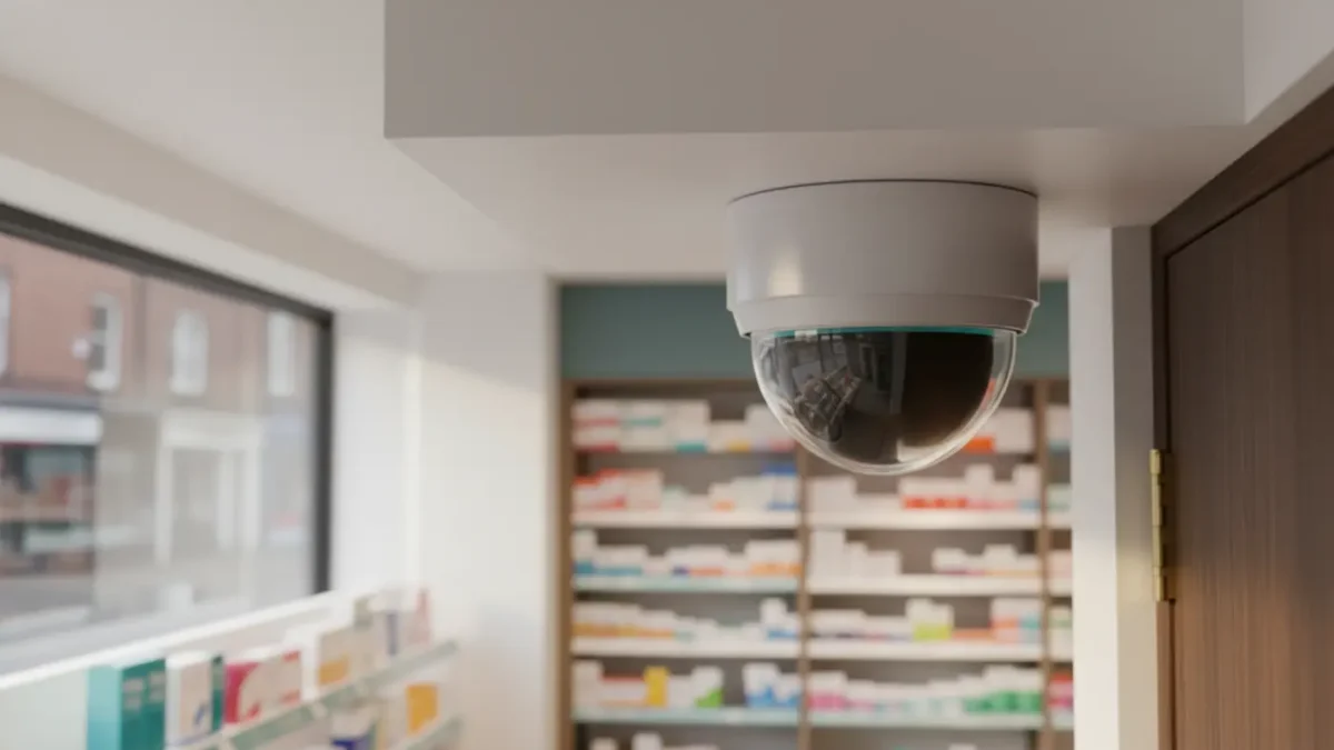 IP dome CCTV camera in a Greater Manchester pharmacy with soft daylight highlighting dispensary security.