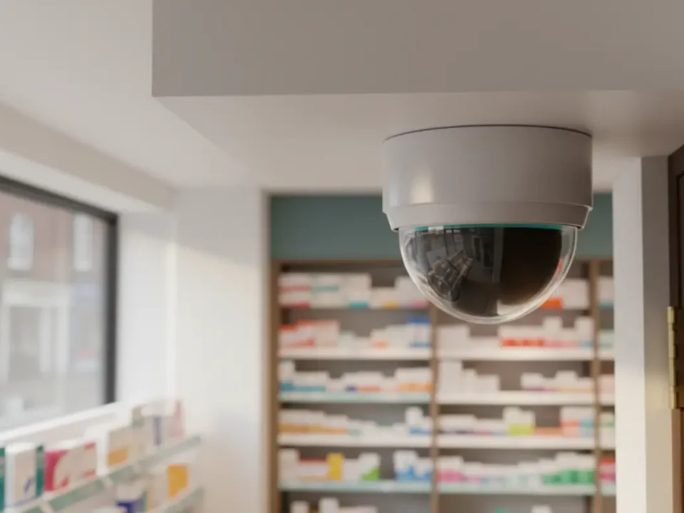 IP dome CCTV camera in a Greater Manchester pharmacy with soft daylight highlighting dispensary security.